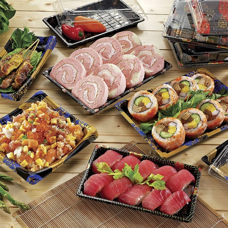 sushi tray plastic disposable restaurant sushi tray with anti-fog lids