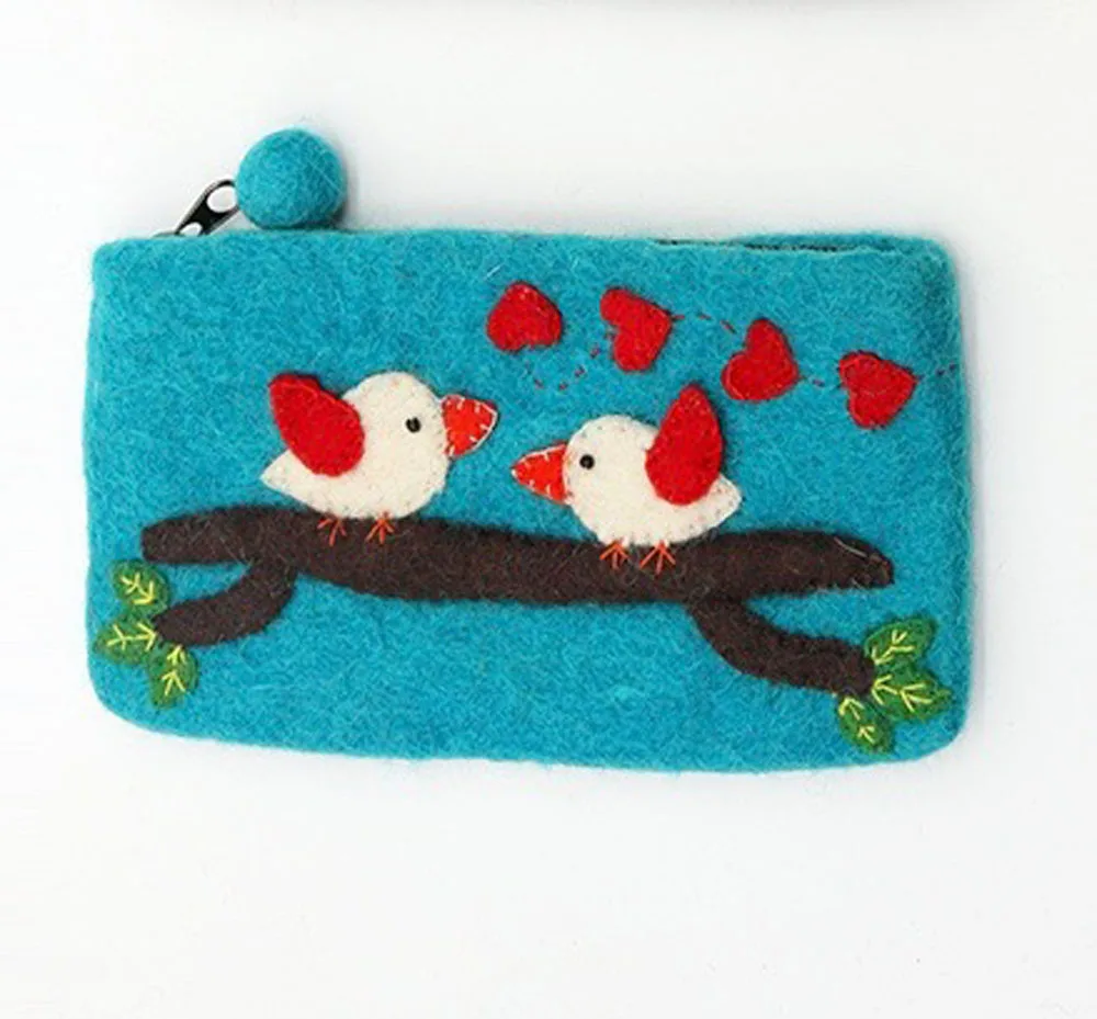 FYN-CL-015, Love Birds Felt Purse, Felted by Skilled and Talented Women Artisans from Nepal, 100% Eco-friendly New Zealand Wool