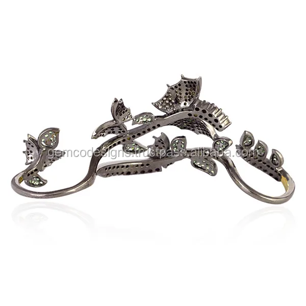 Natural Sapphire Pave Diamond Flower Design Four Finger Ring Gold Silver Jewelry