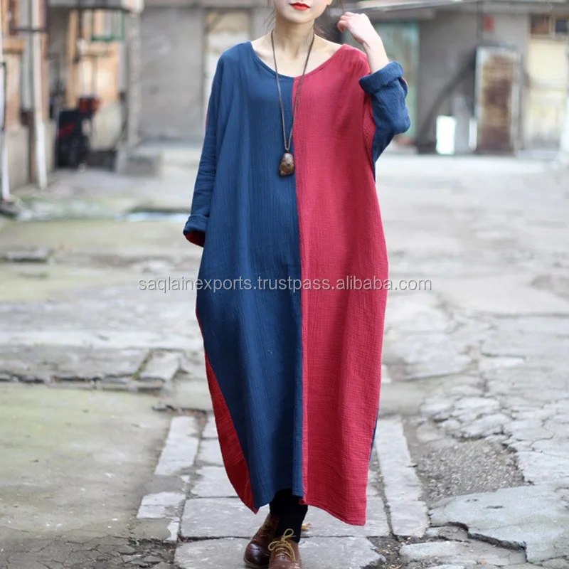Loose long maxi double patchwork linen cotton round neck vintage round neck cotton gauze gypsy hippies boho full sleeves dress