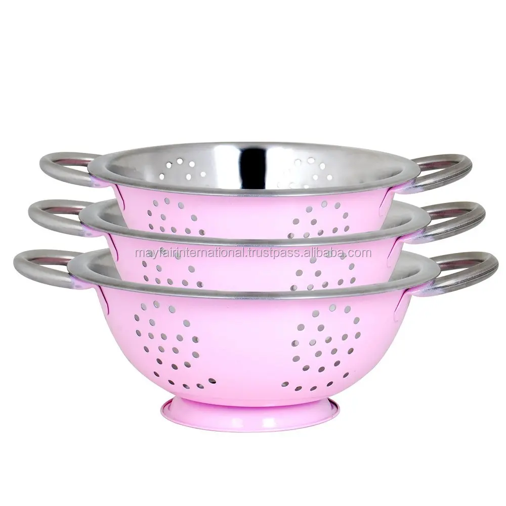 Stainless Steel Set OF 3 PCs Twin Handle Multipurpose Deep Colander With Pink Color For Kitchen