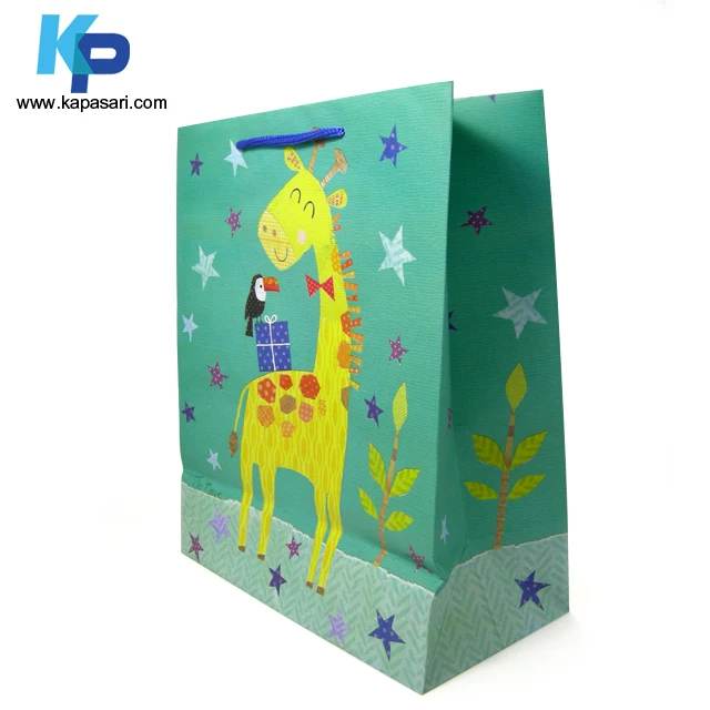 
Animal Custom Green Color Printing Birthday Gift Bag with Blue PP Cord and Glitter 