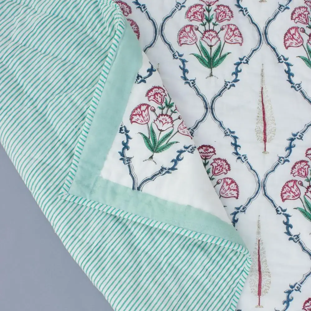 Cotton soft red printed  hand block print boho Jaipuri Rajai double bedspread quilt