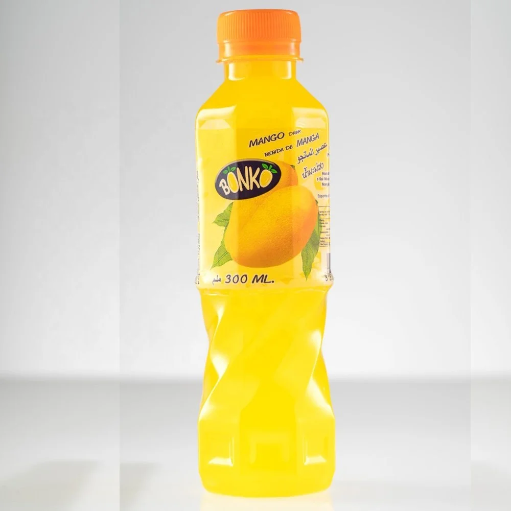 Fresh and Fun Fruit Drink Juice Mango 300ml Plastic PET bottles BONKO brand. Bottle water beverage , Made in Thailand , product