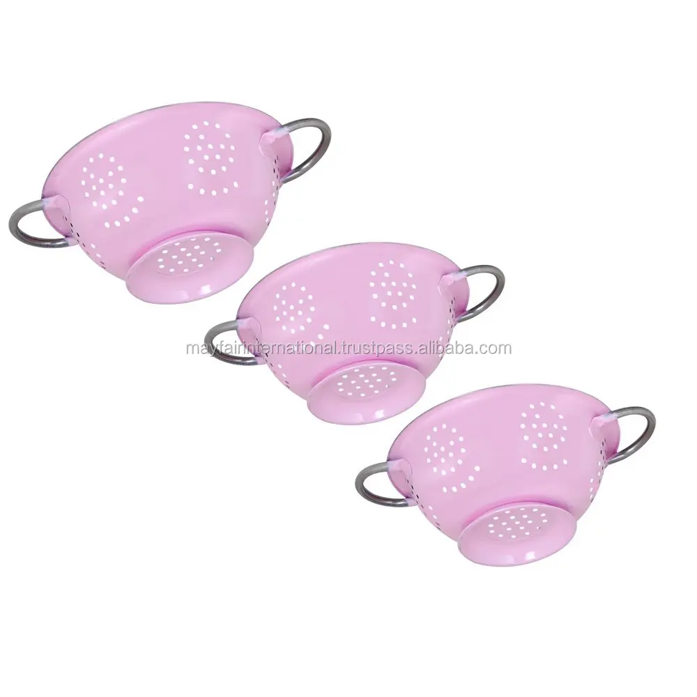 Stainless Steel Set OF 3 PCs Twin Handle Multipurpose Deep Colander With Pink Color For Kitchen