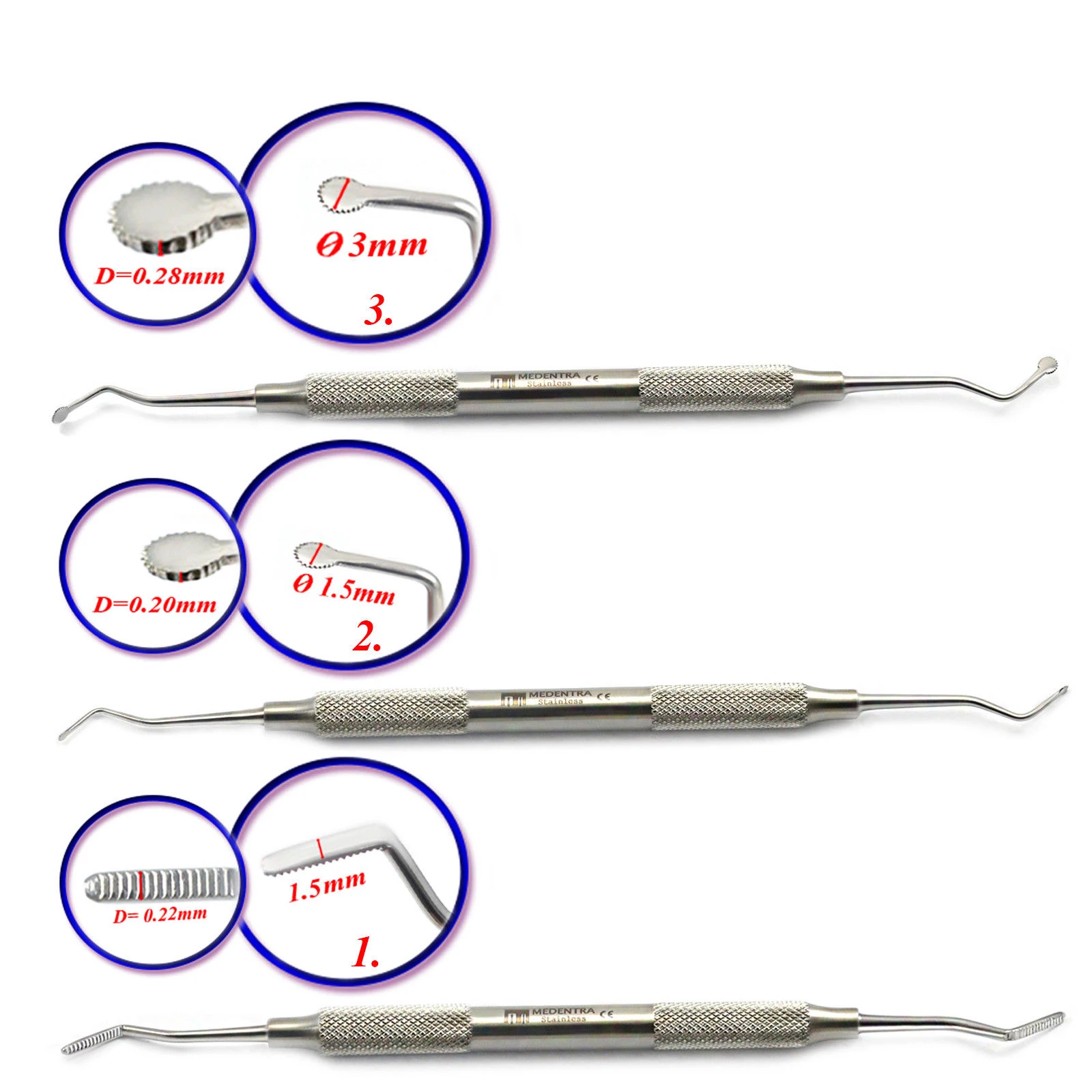 3 Pieces Dental Gingival Cord Packer with Serration Atraumatic Cord Placement Stainless Steel