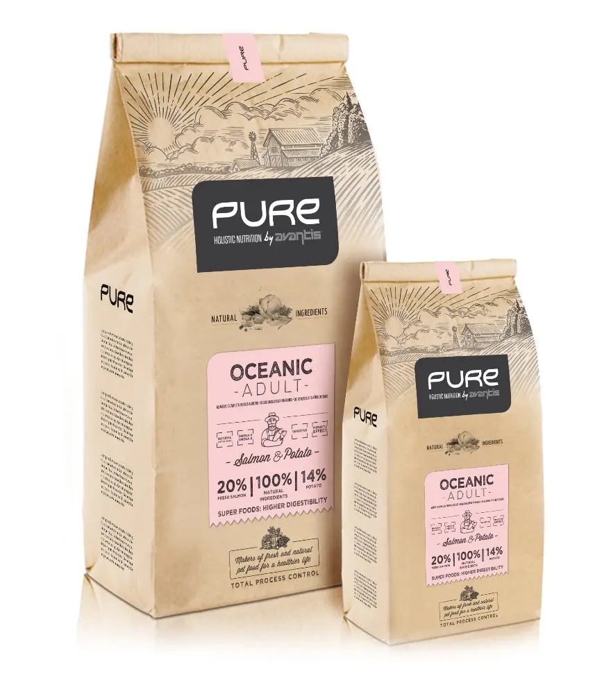 
Super Premium dry dog food for adults PURE. GMO free holistic with fresh salmon on eco-friendly paper bag 