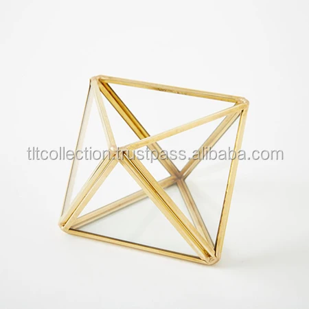 Glass Geometric Plant Terrarium w/ Brass Metal Frame, Tabletop Candleholder