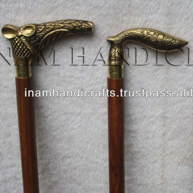 Antique brass unique handle wooden walking hiking sticks / Wooden Walking stick with brass embossed handle