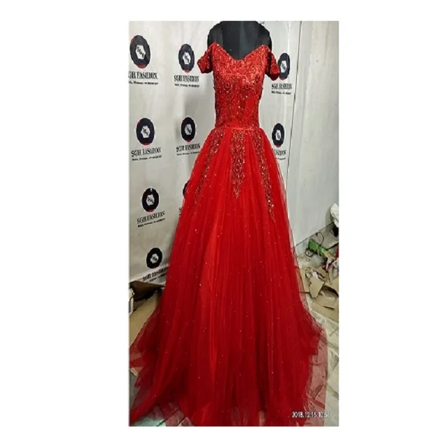 Red designer party wear gown hand embellished dabka cora beads pearls stone rhinestone embroidery work