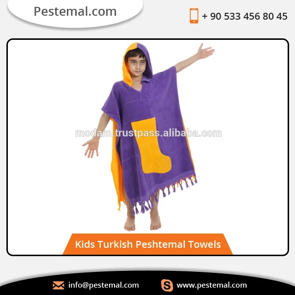 Cute Design High-Quality Turkish Luxury Bathrobe Poncho for Kids with Tassels Two-Colored Poncho with Pocket for Children %100 C