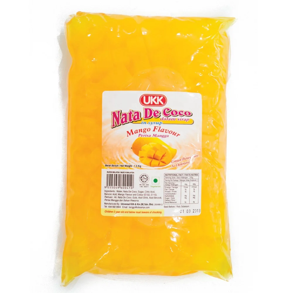 
ODM/OEM Malaysia Halal ISO 12 x 1.5kg PE Bags Delicious Mango Syrup Nata de Coco 