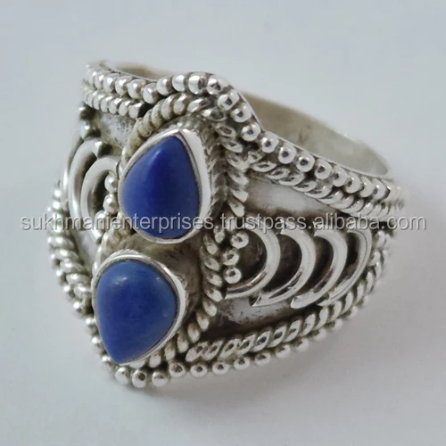 blue lapis lazuli 925 sterling silver ring gothic bohemian vintage antique hip hop punk casual ethnic Indian nepali rings