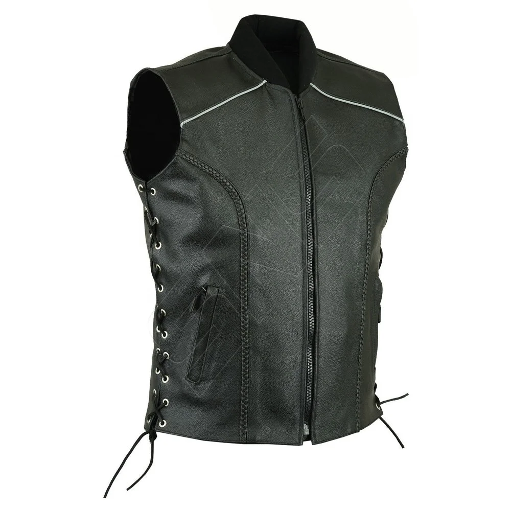 Latest Design New Top High Quality Men Distress Black Motorcycle Leather Vest  Wholesale Cheap Price With Best Quality