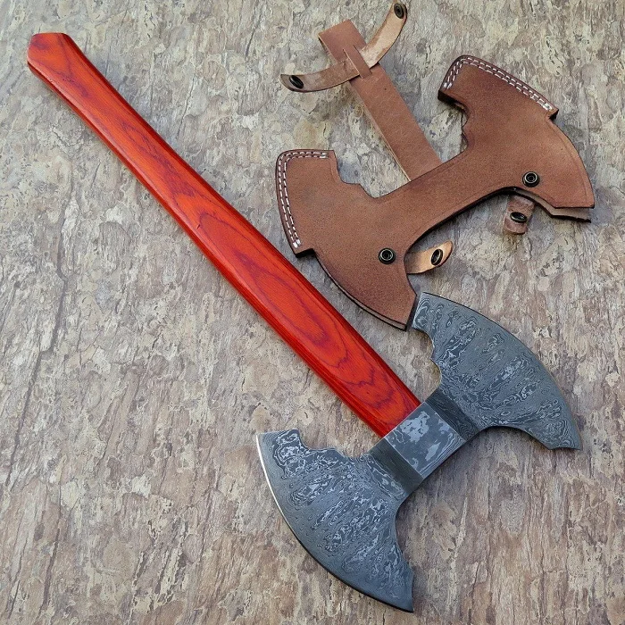 
Двусторонний топор из дамасской стали с цветной деревянной ручкой для охоты 