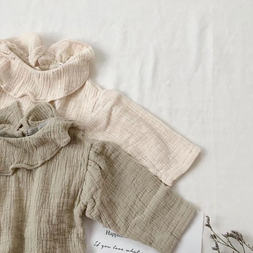 
Korean Kids Clothes Wholesale 100% Cotton Muslin Fabric Top Peter Pan Collar Toddler Girl Top Spring And Summer Clothing 