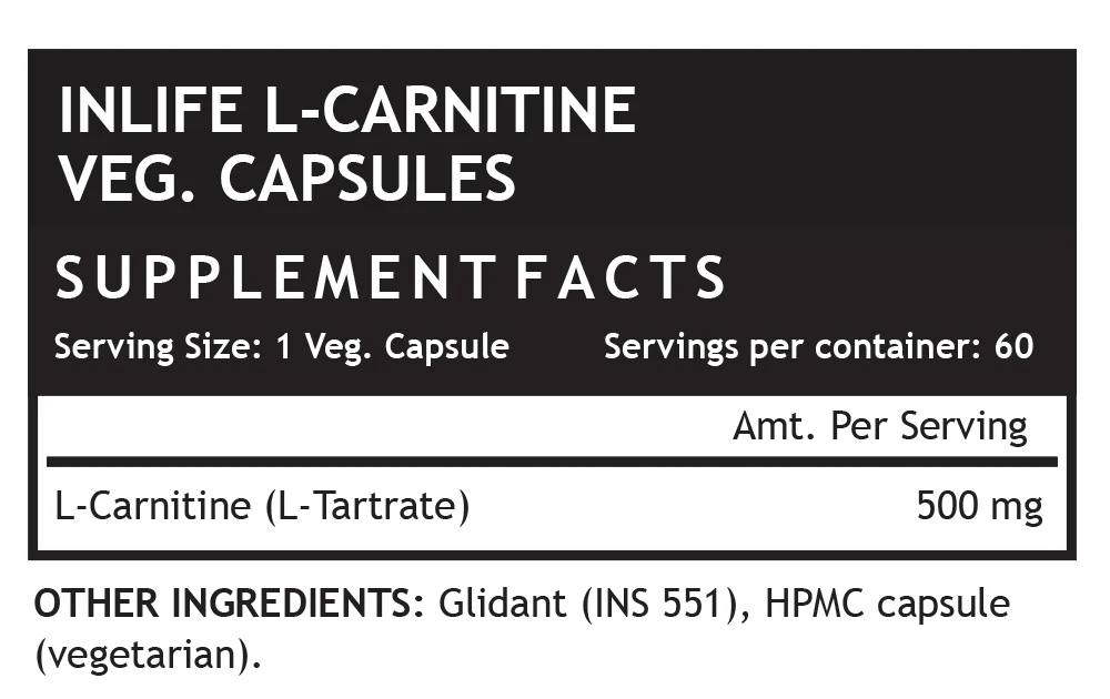 INLIFE л-карнитин L тартрат дополнение, 500 Mg - 60 вегетарианские капсулы GMP Сертифицированный объект
