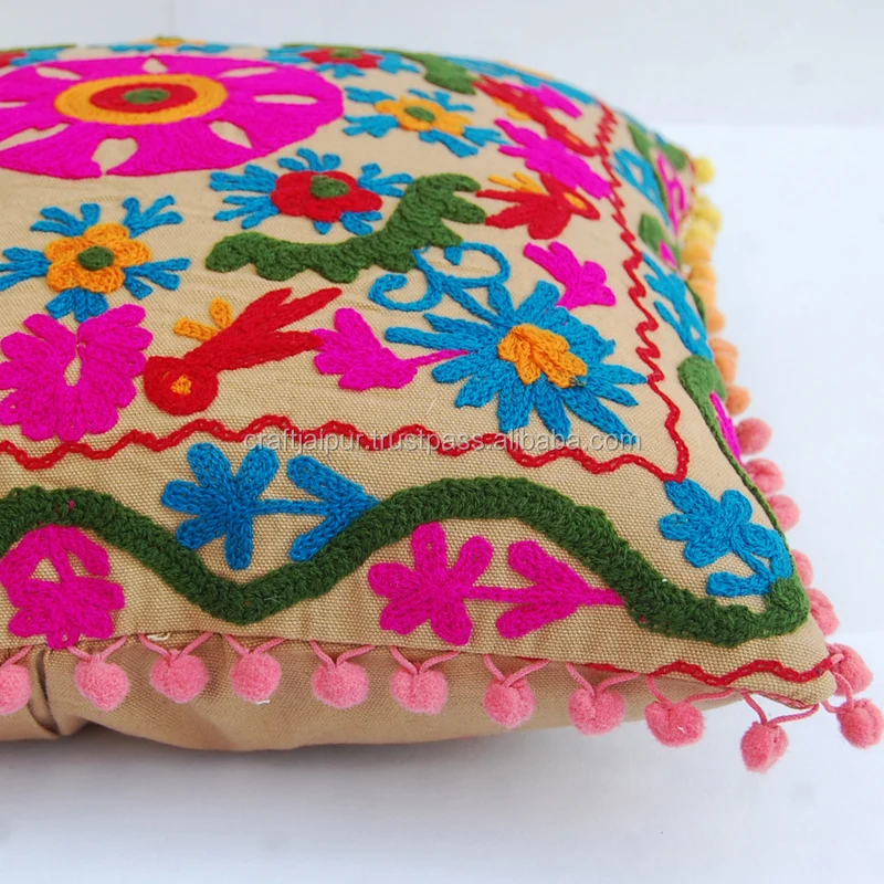 Home Textile Suzani Woolen Embroidery Cotton Square Cushion Cover Indian Handmade Light Brown Zipper Pillow Case Wholesale