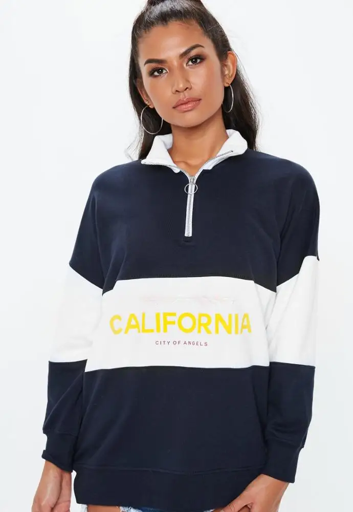 MGOO Women Custom Logo Print Colorblock Navy Quarter Zip Sweatshirts