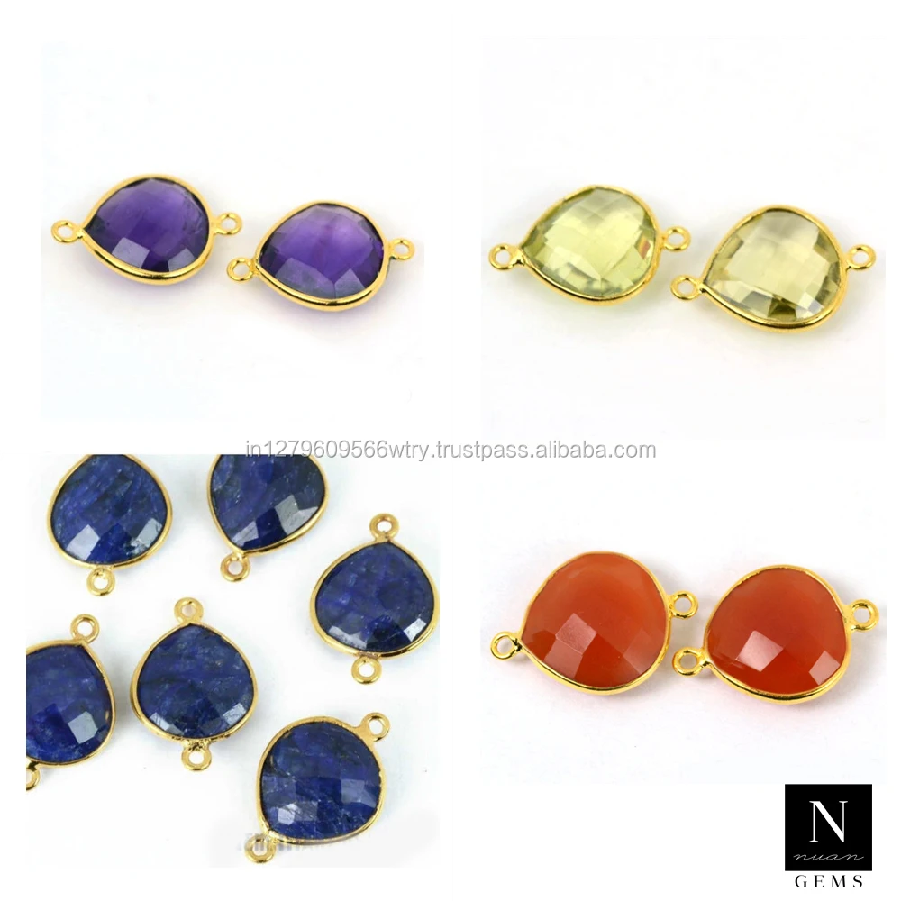 Bezel gemstone connector 14mm heart shape 24k gold plated double bail link supply