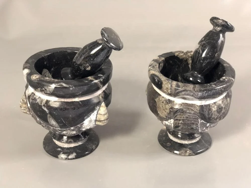 
High Quality Natural Fossils handmade engraved Mortar pestle 