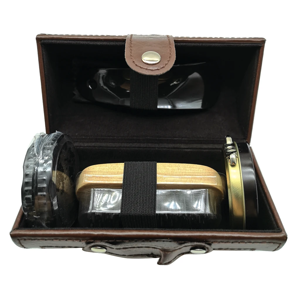 Hot Sale Custom Logo High Quality Man Gift Hotel Home Outdoor Traveling Portable PU Leather Case Shoe Polish Shoe Shine Kit