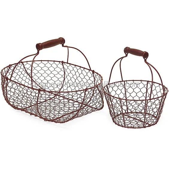Wire Basket Kitchen Decorative Wood Handle Metal Wire Black Color Oval Shape Storage Basket Styles Design Iron Fruit Basket