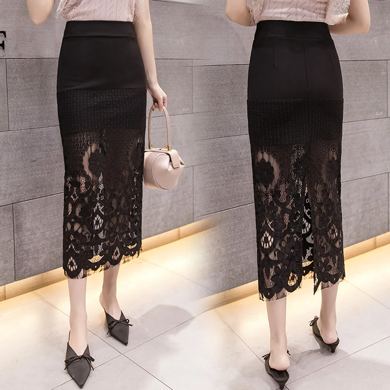 2020 New Design Women Lace Spliced Maxi Skirt Ladies Sexy Pencil Skirt Wedding Party Skirts