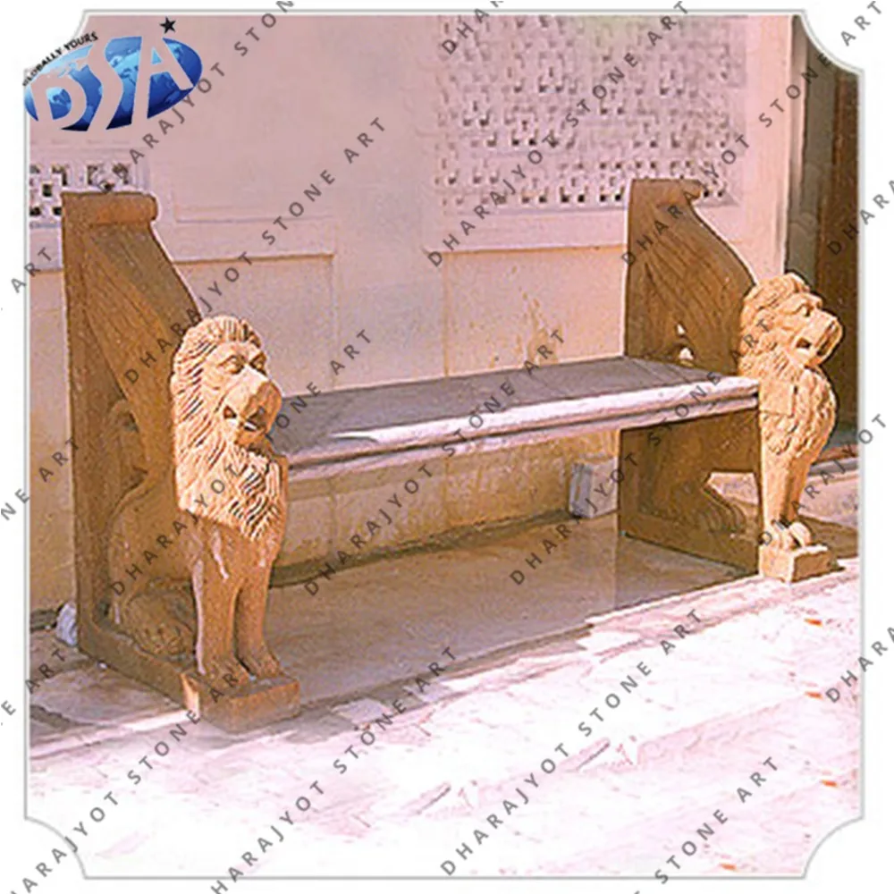 beige sandstone lion status bench with outdoor decor