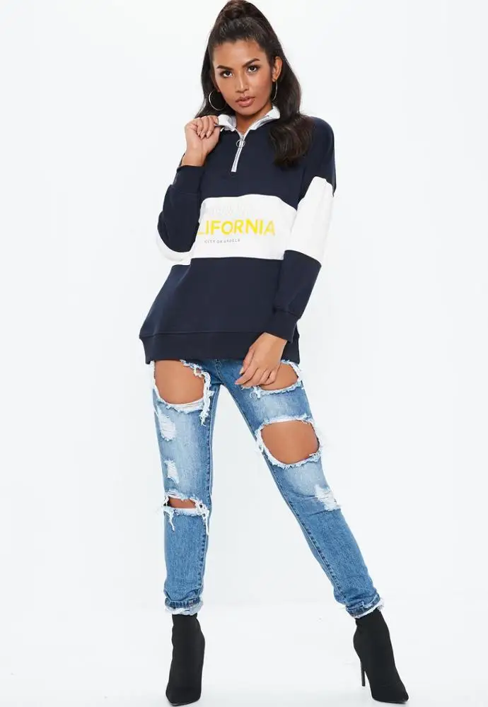 MGOO Women Custom Logo Print Colorblock Navy Quarter Zip Sweatshirts