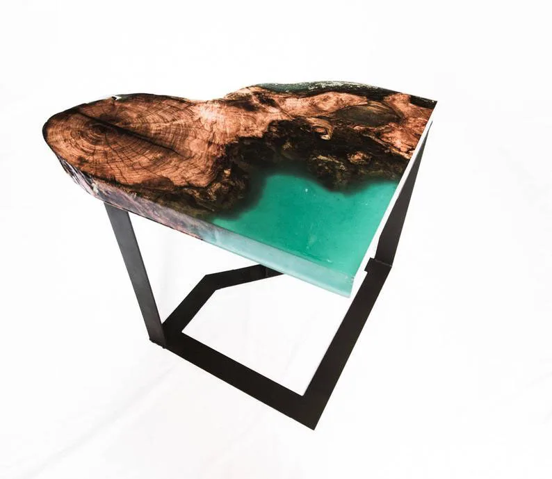  Antique Style Epoxy Resin Live Edge Mesquite End Table/Side