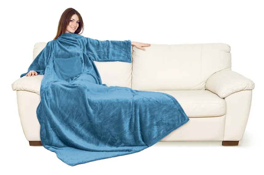 100% POLYESTER HIGH QUALITY COZY WEARABLE FLEECE TV BLANKET WITH SLEEVES KANGAROO COLOR LIGHT BLUE PACKED IN A GIFT BOX  WHOLESA