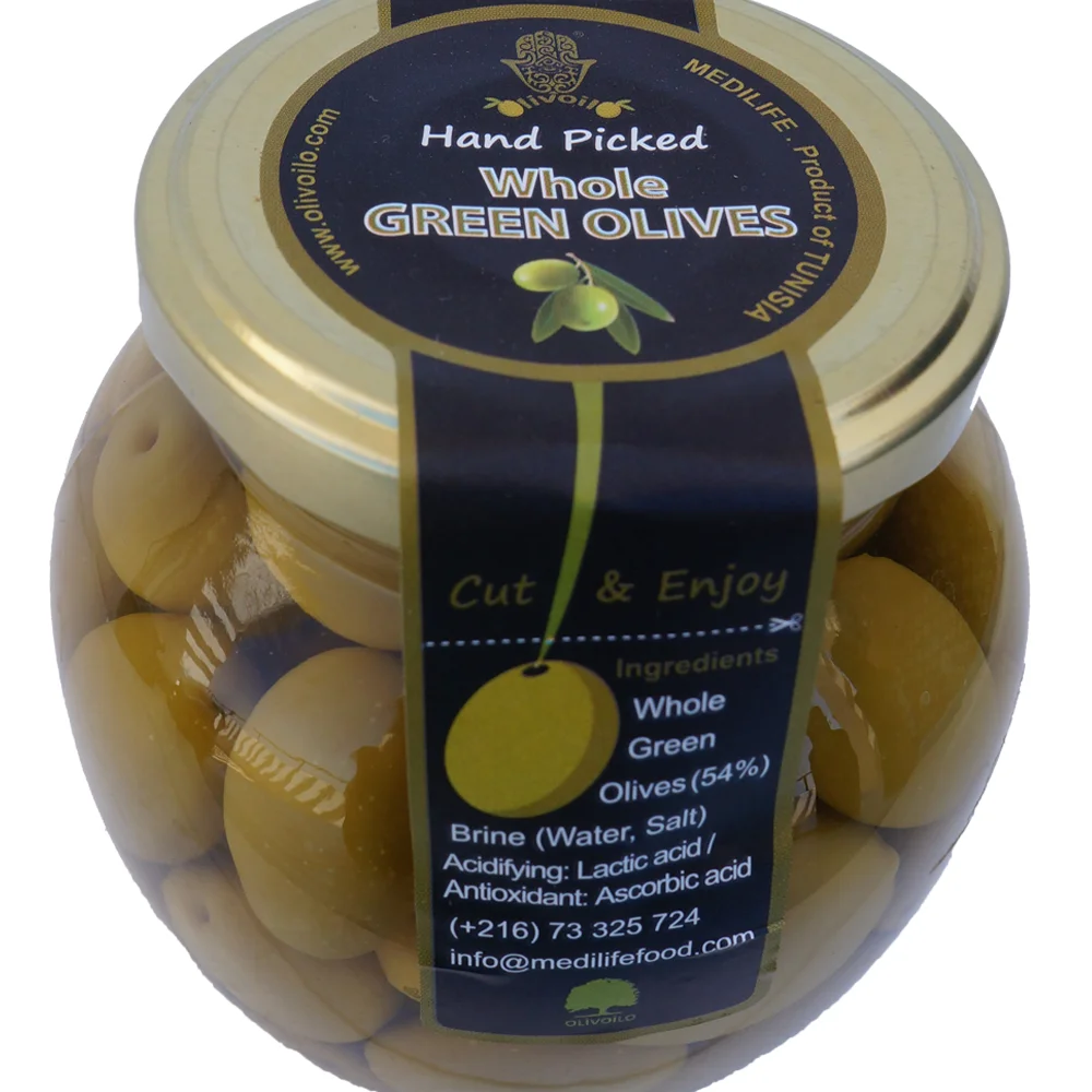 Высококачественные настольные оливки из Туниса банка с цельными зелеными оливками стеклянная 370