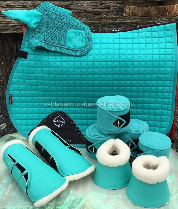 
matching saddle pad and ear bonnet/polo wraps/horse boots 