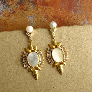 Bridal Mother of Pearl Statement White Gemstone Chandelier Handmade Earrings