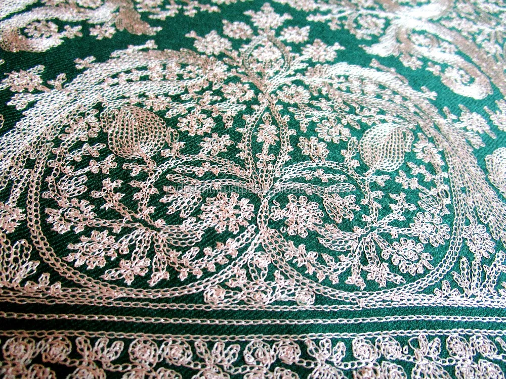 Kashmir Soft Lambswool Shawl Stole Scarf Indian Beautiful Handwoven Hand Embroidered Outdoor, Party 28'X 82' IN;15393 Green