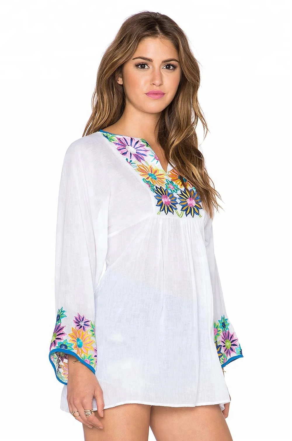 High Quality Handmade Multicolor Big Floral Embroidery On Neck Sleeves Back Women Cool Summer Party Wear Casual Top