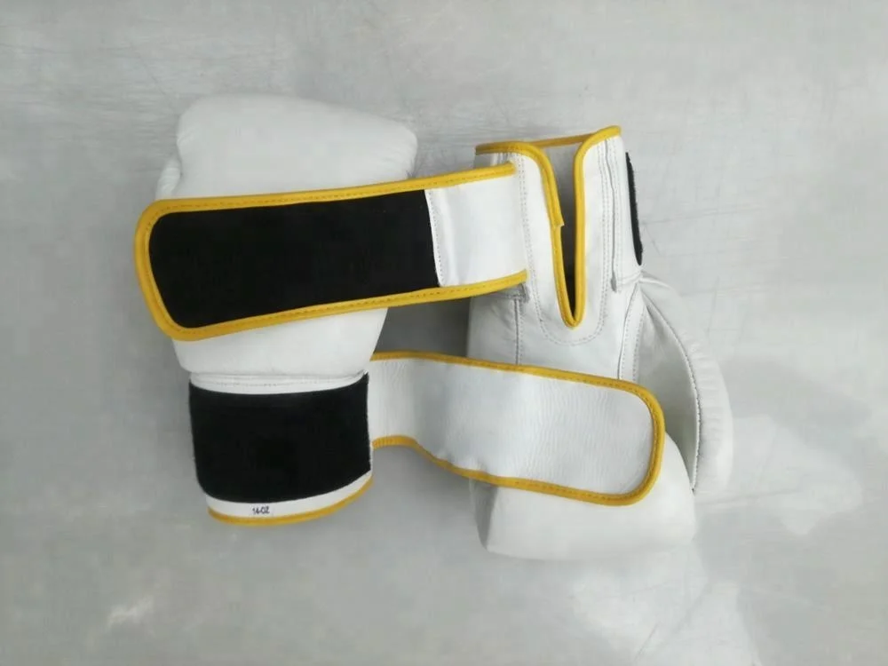 Genuine White Leather Boxing Gloves Hand-Made Mold with Hook and Loop Wrist Strap Closure Layers