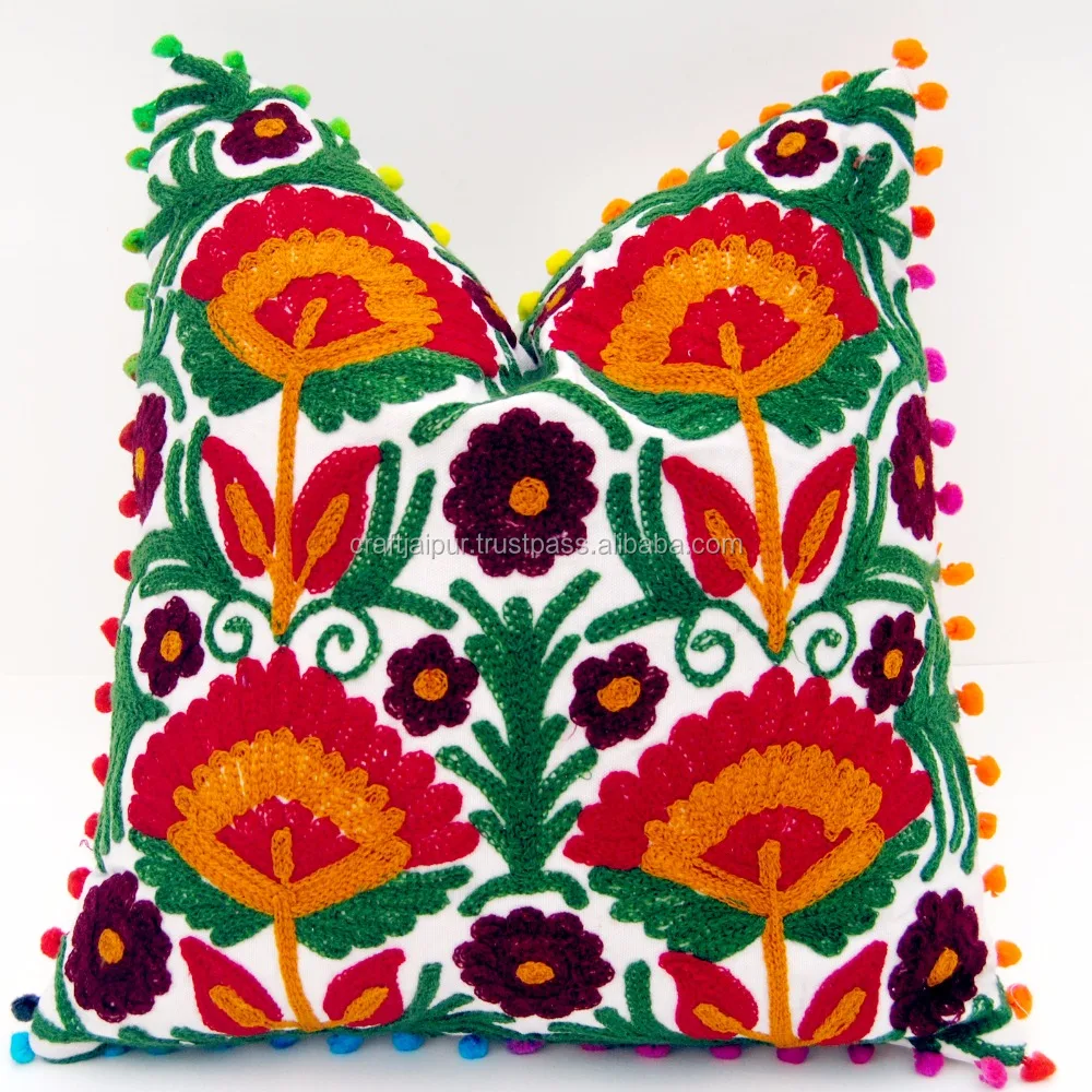 Tropical Suzani Woolen Embroidery Handmade Bedding Square Pillow Cases White Cotton Sofa Decorative Cushion Cover Wholesale