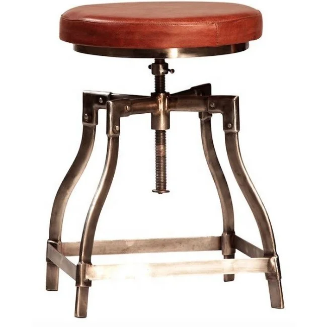
Industrial & vintage grey black iron metal height adjustable Stool with leather seat 