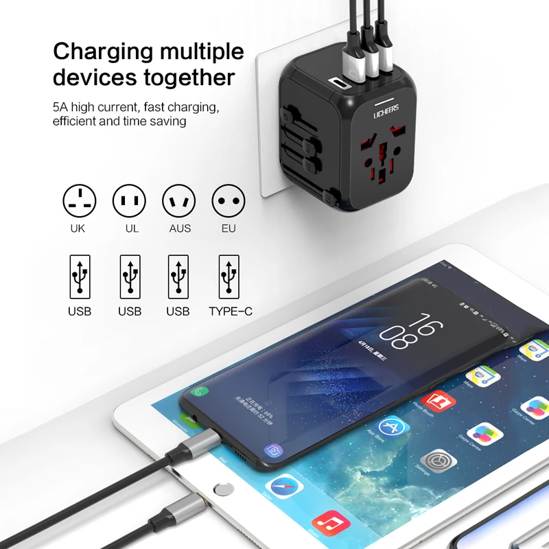 
Licheers All in One Usb Universal Travel Adapter Us Eu Plug Adapter Universal Travel Wall Plug Adapter Electrical Plug Black 