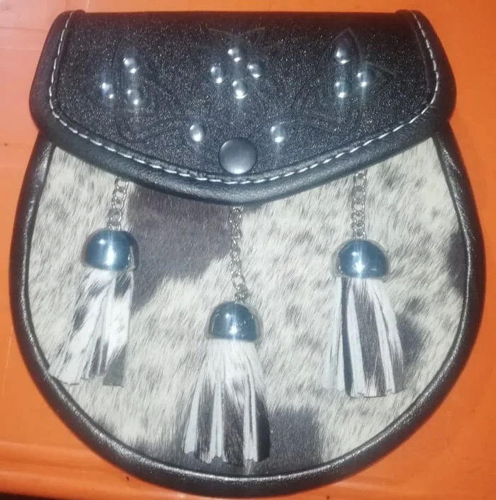 Leather Scottish Thistle Brown Rabbit Fur Sporran Stone Fur Bag