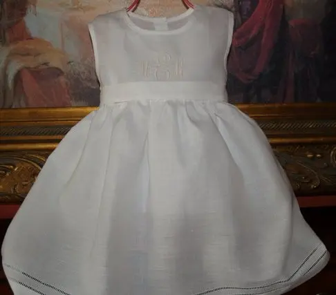 baby girl summer dresses, White sleeveless hemstitch and embroidery machine cotton/linen dress