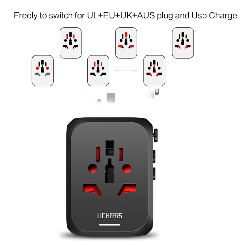
Licheers All in One Usb Universal Travel Adapter Us Eu Plug Adapter Universal Travel Wall Plug Adapter Electrical Plug Black 