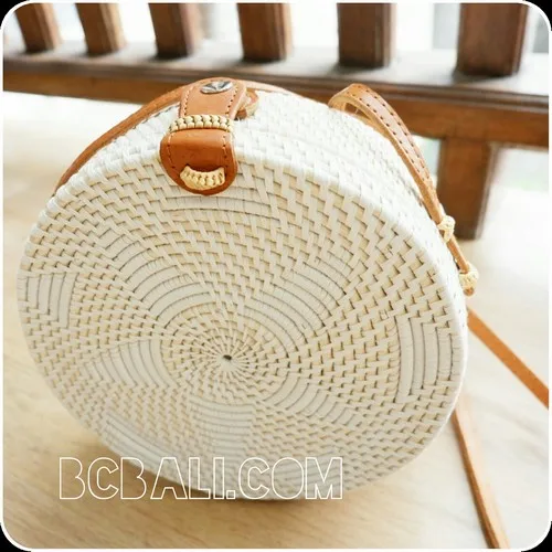 Straw Rattan with White Rafia Motif Handle Leather Circle Round Strap Beach Bali Bag Handmade New Trend Fashion