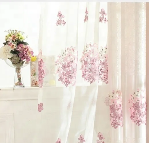Top Elegant bedroom, dinning room use pink floral embroidery lace curtain
