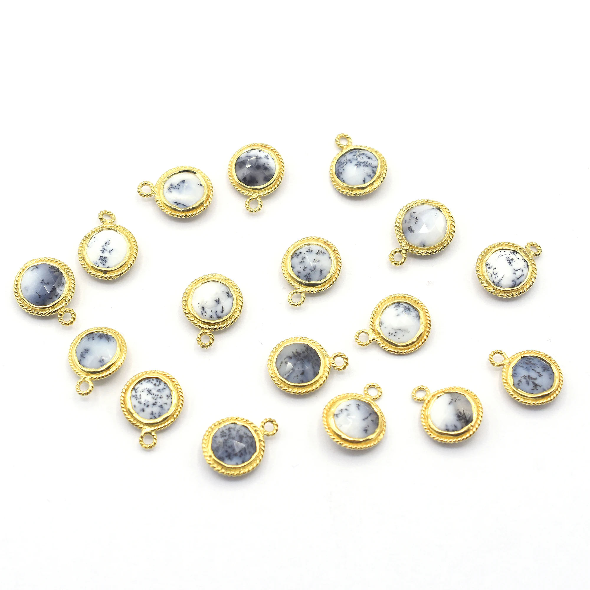 Dendritic Opal Round Shape 925 Sterling Silver Bezel Gold Plated Pendant Handmade Jewelry Making