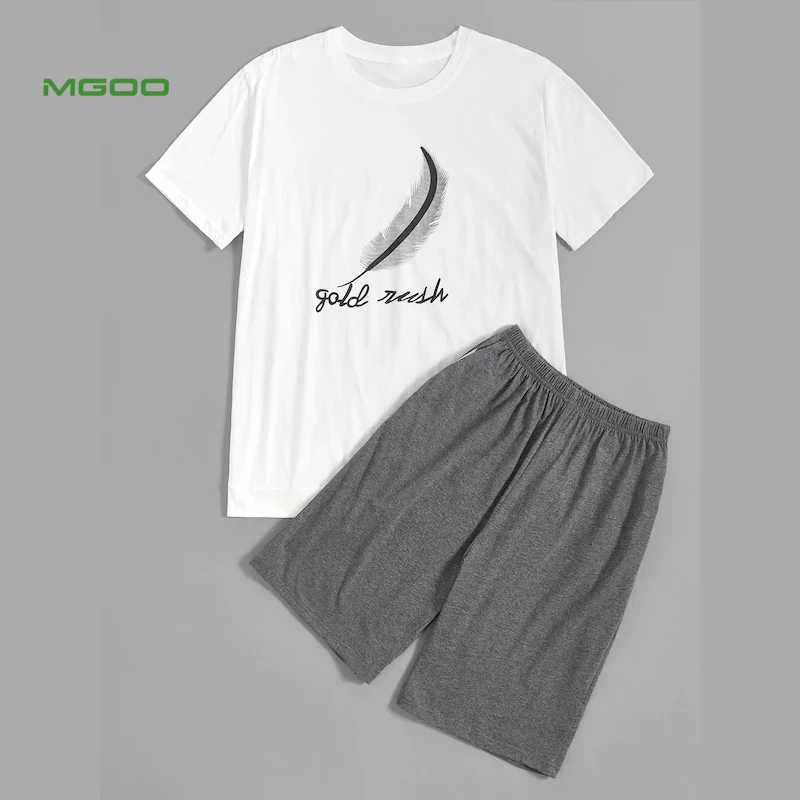 
MGOO Custom Feather Letter Print 100%cotton Men Pajama Set 