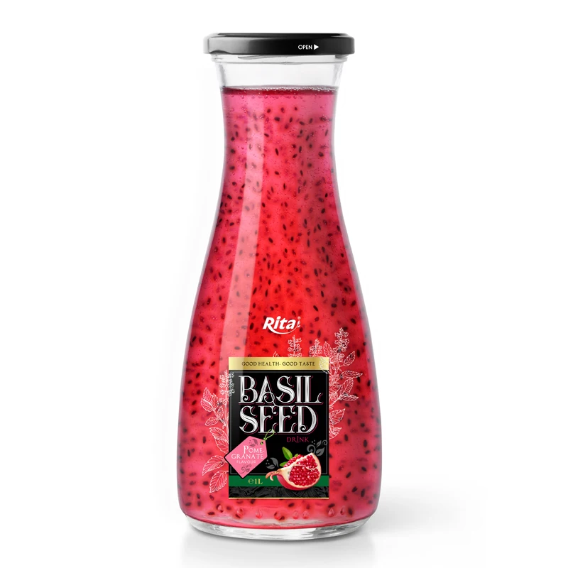 Sweet 1L Glass bottle Mix Fruit Flavor Basil Seed Drink Supplier Private Label Add Water Jus Cool Seed Beverage