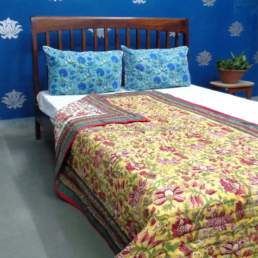 Latest Stylished Factory Outlets Anarkali Lime Jaipur Handmade Pure Cotton Twin Quilt For Sale At Cheap Price